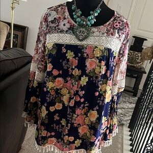 Floral Lace Trim Women's Top by Calessa.